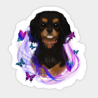 Magical Cavalier King Charles Spaniel and Butterflies, Black and Tan Sticker